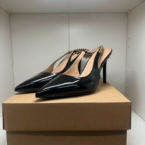 Fashion Nova Black Patent Pointed Slingback Heels with Gold Chain Accent